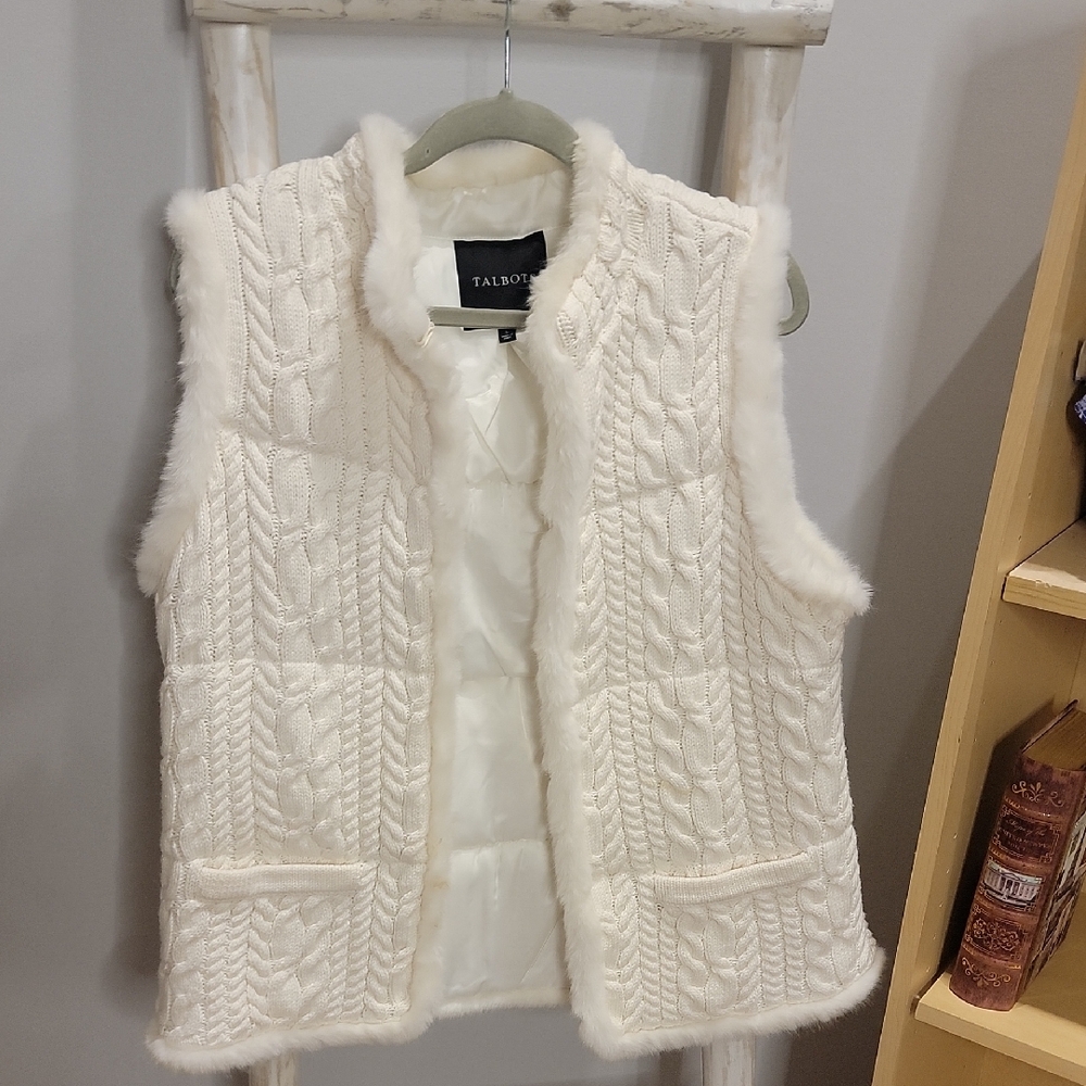 Talbots Ivory Cable Knit Vest with Faux Fur Trim